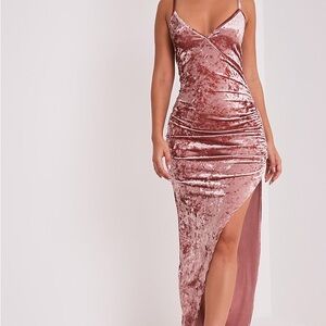 Holiday Pink Pretty Little Thing Crushed Velvet Asymmetric Maxi Dress